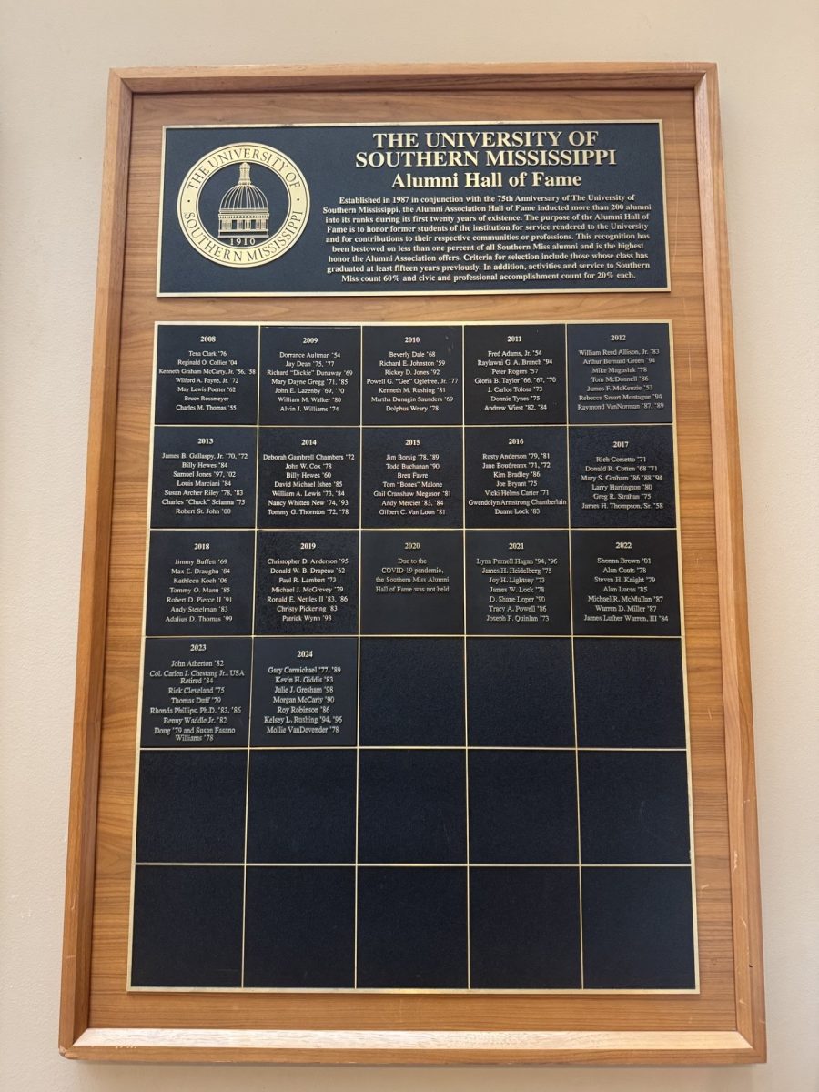The plaque holds all inductees that have been nominated for the Alumni Association Hall of Fame.