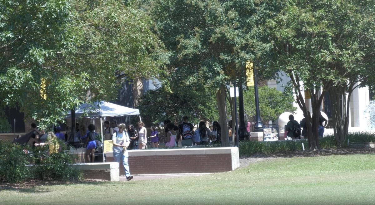 Students walking in the courtyard. 