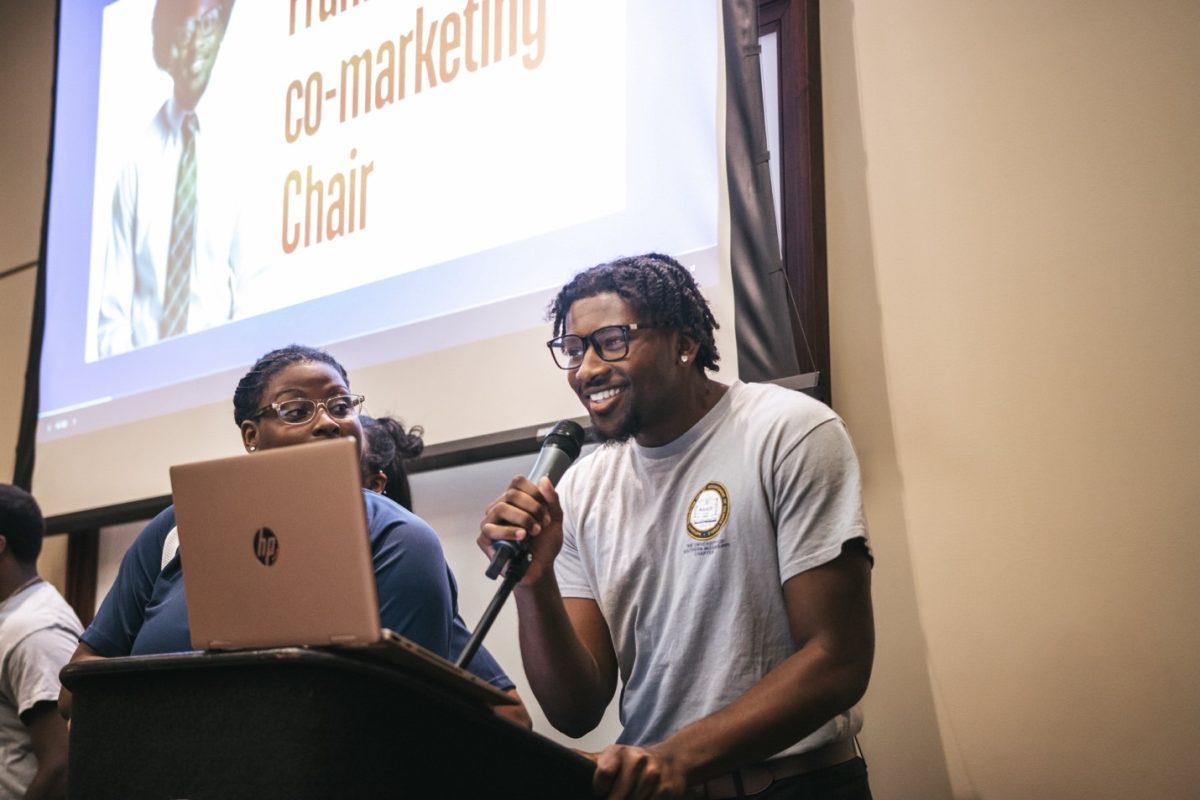 USM's Frank Rimmer III engages an audience with laughter at a recent event.