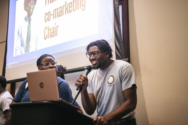 USM's Frank Rimmer III engages an audience with laughter at a recent event.