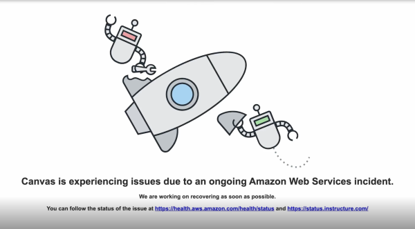 Canvas screen showing the issues with Amazon Web Services incident.