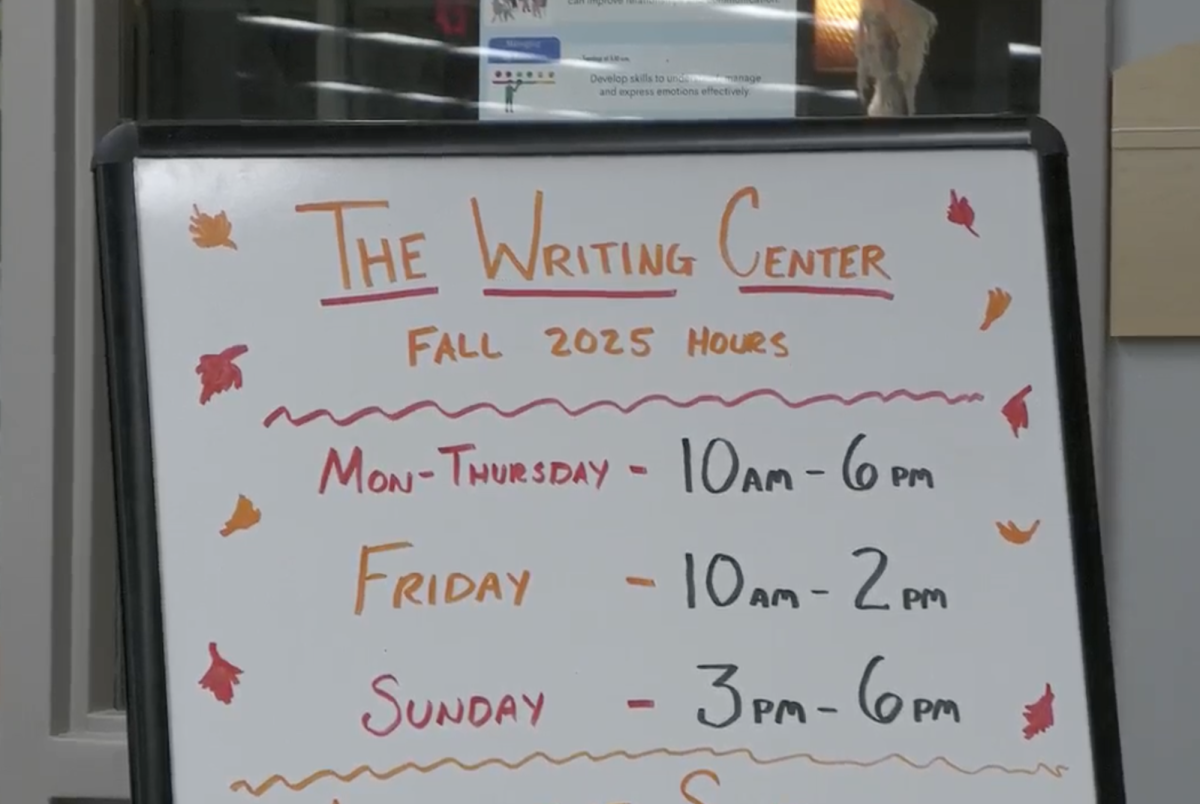 The Writing Center fall 2025 weekly hours.
