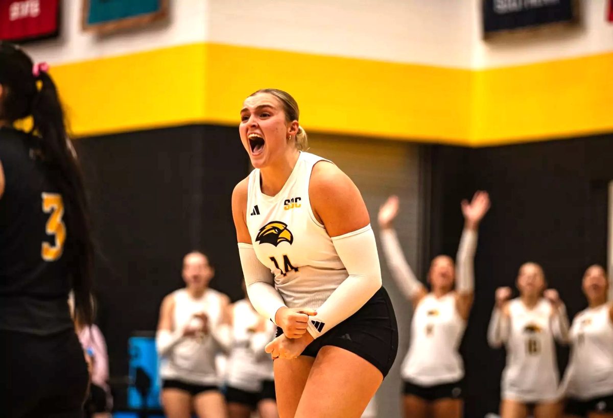 USM Volleyball's Brynn Botkin celebrates during the team's recent match against the University of Louisiana.